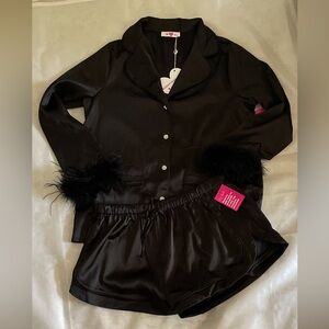 NWT Buddy Love Black Satin Large Pajama Set with Feather Cuffs